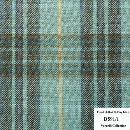 D591/1 Vercelli CVM - Vải Suit 95% Wool - Xanh Dương ngọc Caro